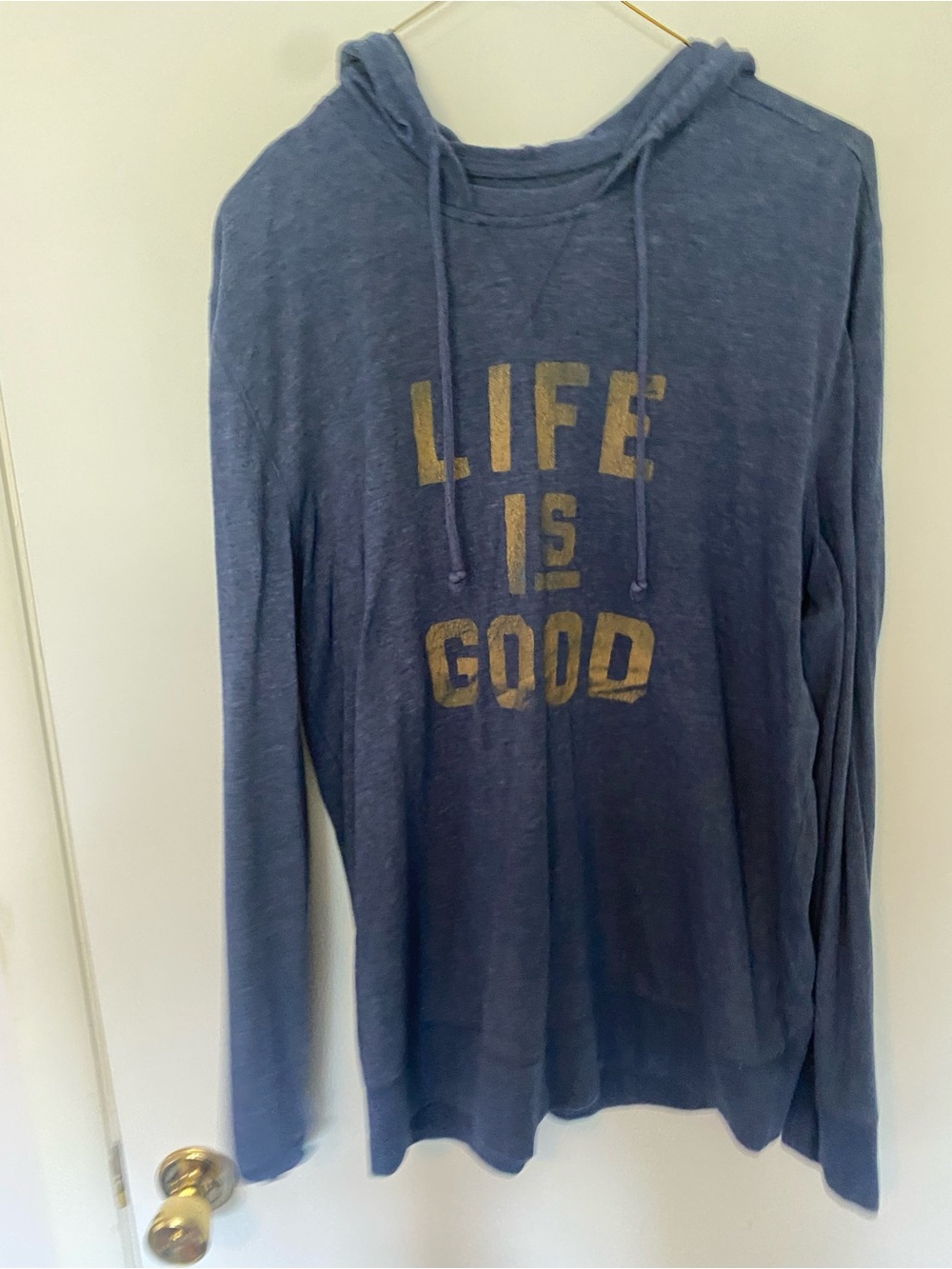 Life Is Good Blue Pullover Hoodie with Gold Logo